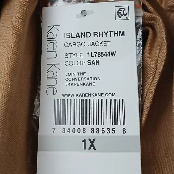 NWT Karen Kane Cargo Jacket 1X Island Rhythm Full Zip Tan Sand Cotton Tencel